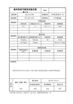 制冷系统气密性试验记录