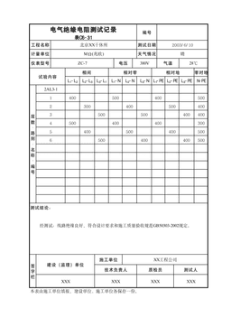 电气绝缘电阻测试记录